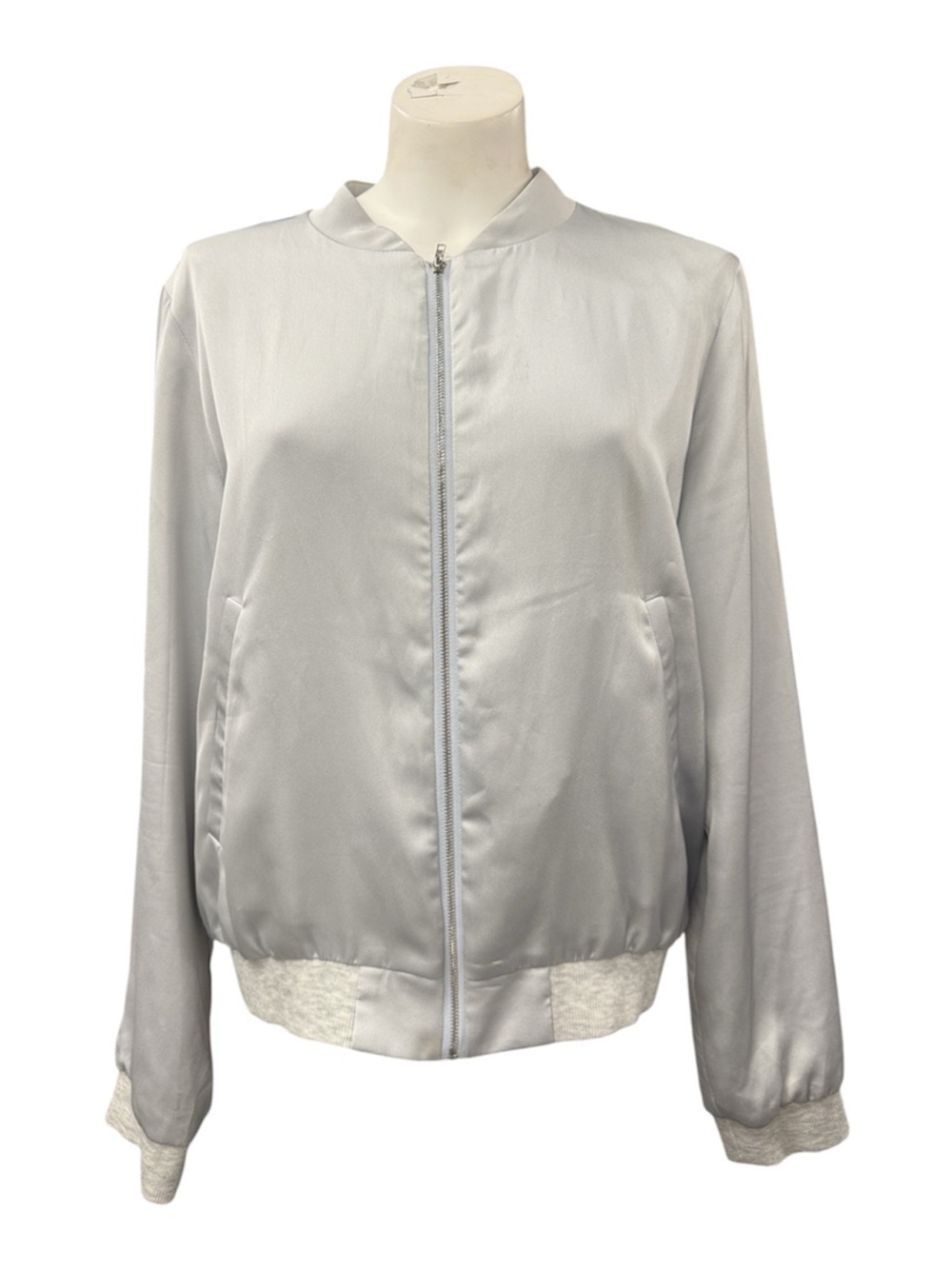 Women's Light Gray Satin Bomber Jacket with Ribbed Trim
